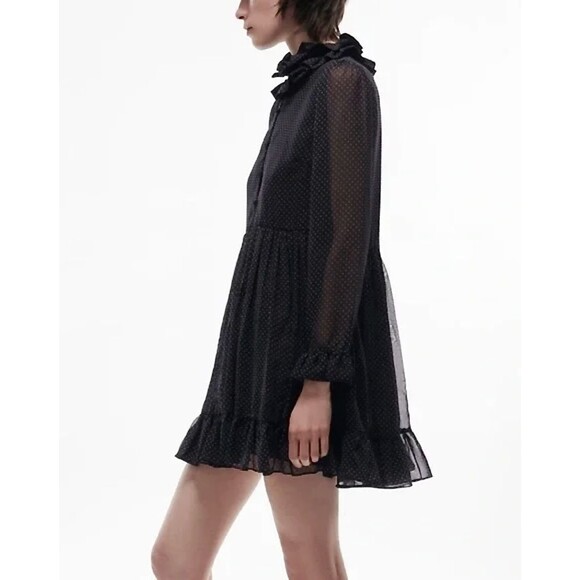 ZARA Ruffled Dress Size XL Black Micro Dot Ruffled Neck Sheer Ruffled Sleeves - Picture 6 of 16